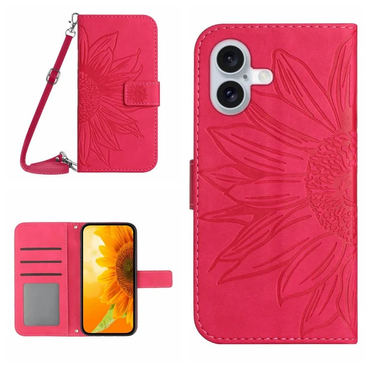 HT04 For iPhone 16 Case Sunflower Skin-Feel Leather Phone Cover with Shoulder Strap