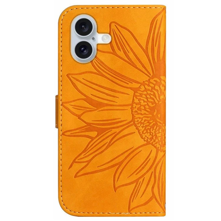 HT04 For iPhone 16 Case Sunflower Imprint Leather Wallet Phone Cover with Hand Strap