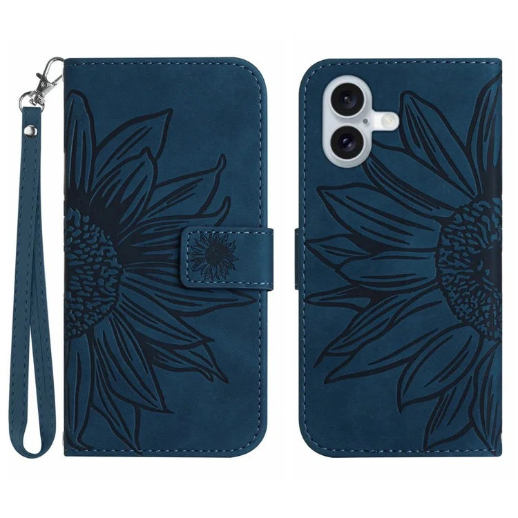 HT04 For iPhone 16 Case Sunflower Imprint Leather Wallet Phone Cover with Hand Strap
