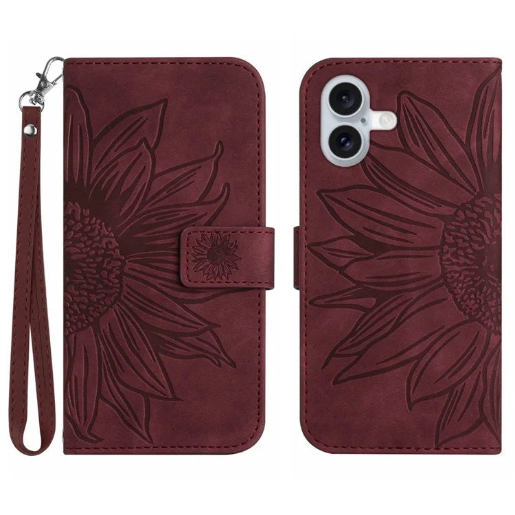 HT04 For iPhone 16 Case Sunflower Imprint Leather Wallet Phone Cover with Hand Strap