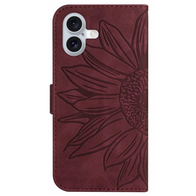 HT04 For iPhone 16 Case Sunflower Imprint Leather Wallet Phone Cover with Hand Strap