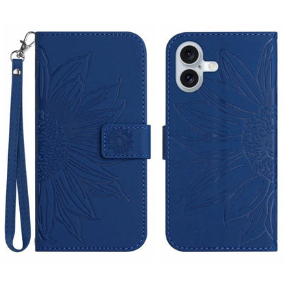 HT04 For iPhone 16 Case Sunflower Imprint Leather Wallet Phone Cover with Hand Strap