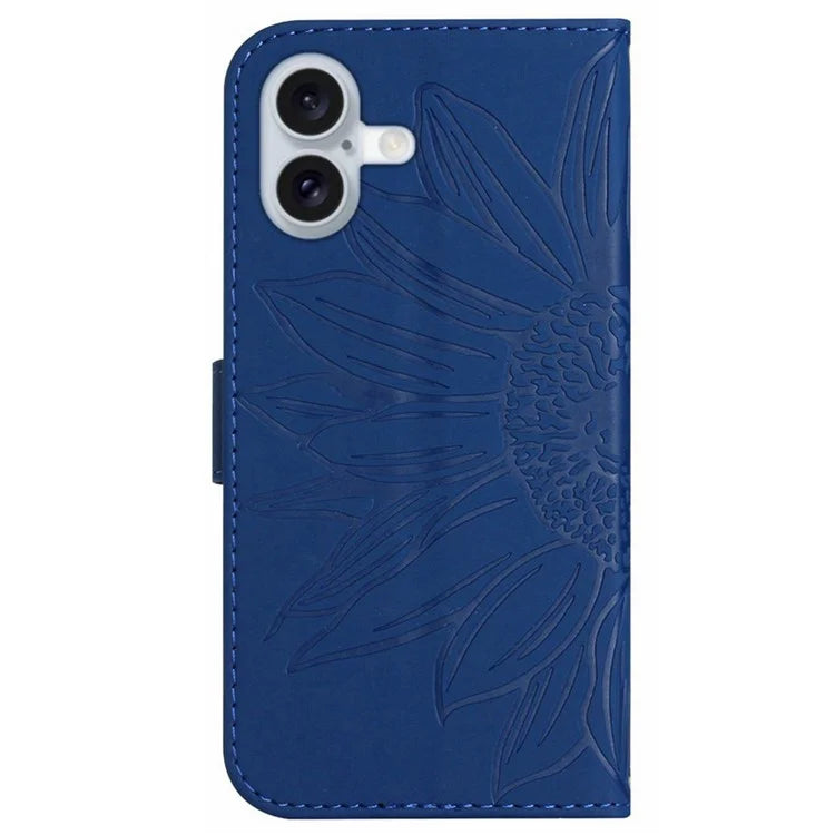 HT04 For iPhone 16 Case Sunflower Imprint Leather Wallet Phone Cover with Hand Strap