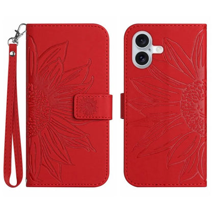 HT04 For iPhone 16 Case Sunflower Imprint Leather Wallet Phone Cover with Hand Strap