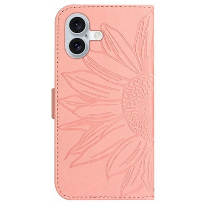 HT04 For iPhone 16 Case Sunflower Imprint Leather Wallet Phone Cover with Hand Strap