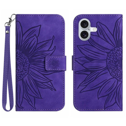 HT04 For iPhone 16 Case Sunflower Imprint Leather Wallet Phone Cover with Hand Strap