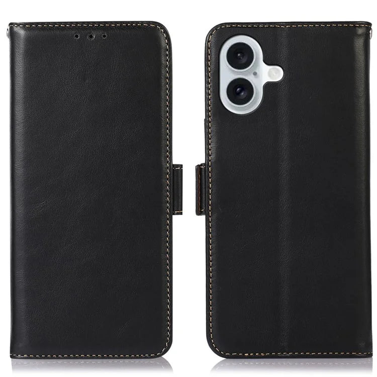 For iPhone 16 Case RFID Blocking Genuine Cow Leather Purse Flip Cover Crazy Horse Texture