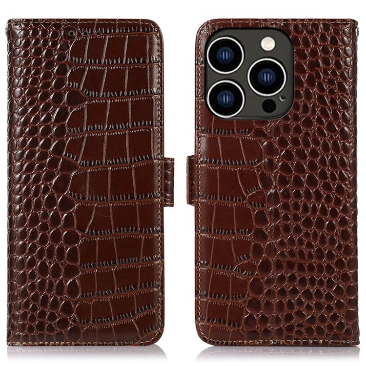 For iPhone 16 Pro Max RFID Blocking Case Genuine Cow Leather Wallet Phone Cover with Stand