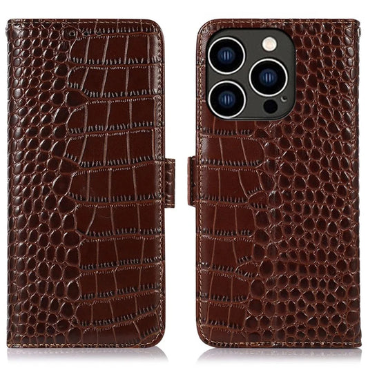 For iPhone 16 Pro Max RFID Blocking Case Genuine Cow Leather Wallet Phone Cover with Stand