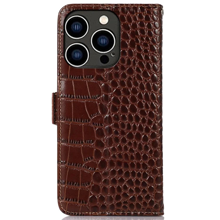 For iPhone 16 Pro Max RFID Blocking Case Genuine Cow Leather Wallet Phone Cover with Stand