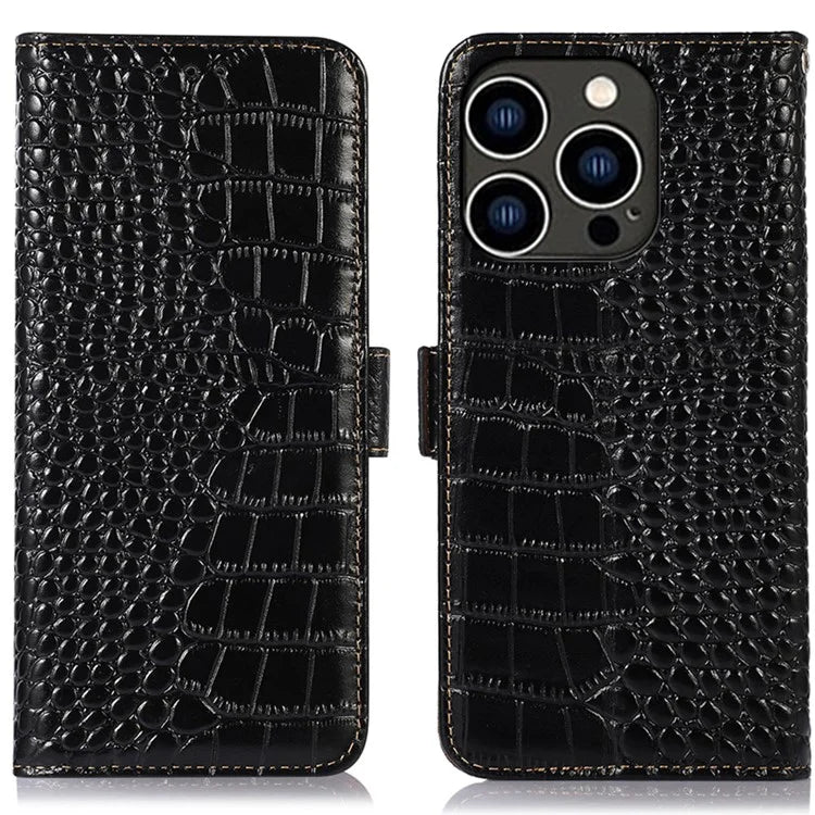 For iPhone 16 Pro Max RFID Blocking Case Genuine Cow Leather Wallet Phone Cover with Stand