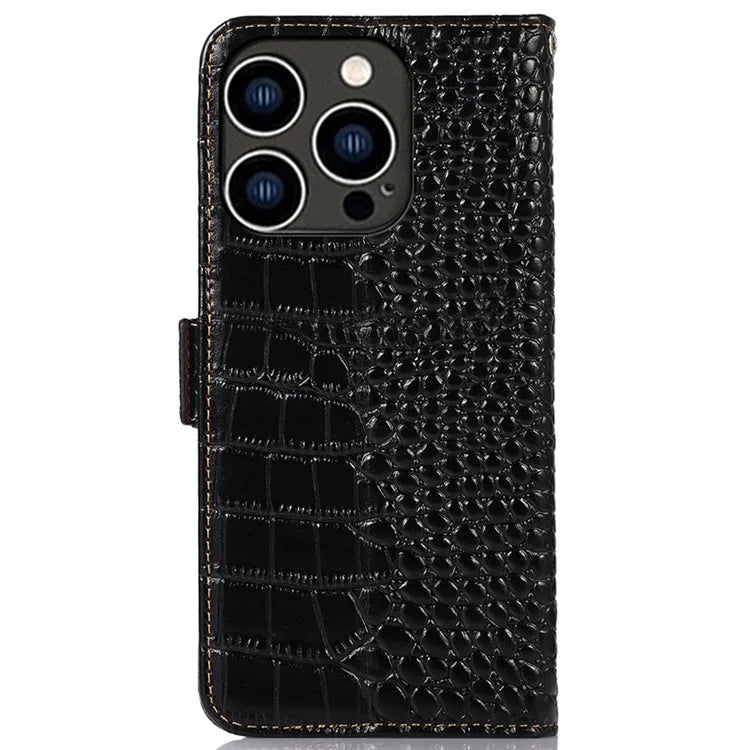 For iPhone 16 Pro Max RFID Blocking Case Genuine Cow Leather Wallet Phone Cover with Stand
