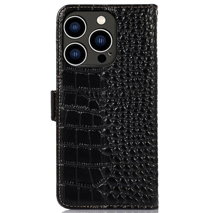 For iPhone 16 Pro Max RFID Blocking Case Genuine Cow Leather Wallet Phone Cover with Stand
