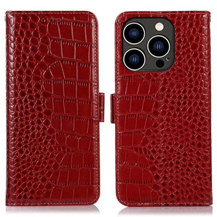 For iPhone 16 Pro Max RFID Blocking Case Genuine Cow Leather Wallet Phone Cover with Stand