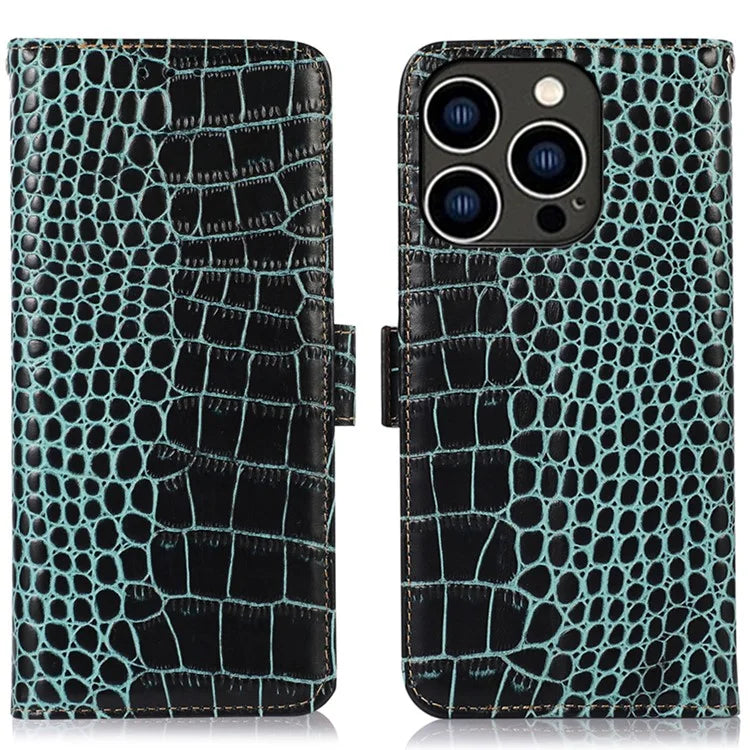 For iPhone 16 Pro Max RFID Blocking Case Genuine Cow Leather Wallet Phone Cover with Stand