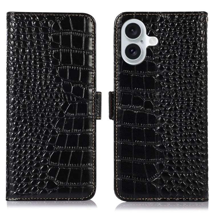 For iPhone 16 Plus Wallet Case RFID Blocking Genuine Cow Leather Phone Cover