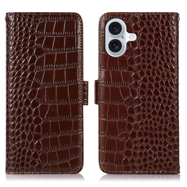 For iPhone 16 Plus Wallet Case RFID Blocking Genuine Cow Leather Phone Cover