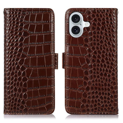 For iPhone 16 Plus Wallet Case RFID Blocking Genuine Cow Leather Phone Cover