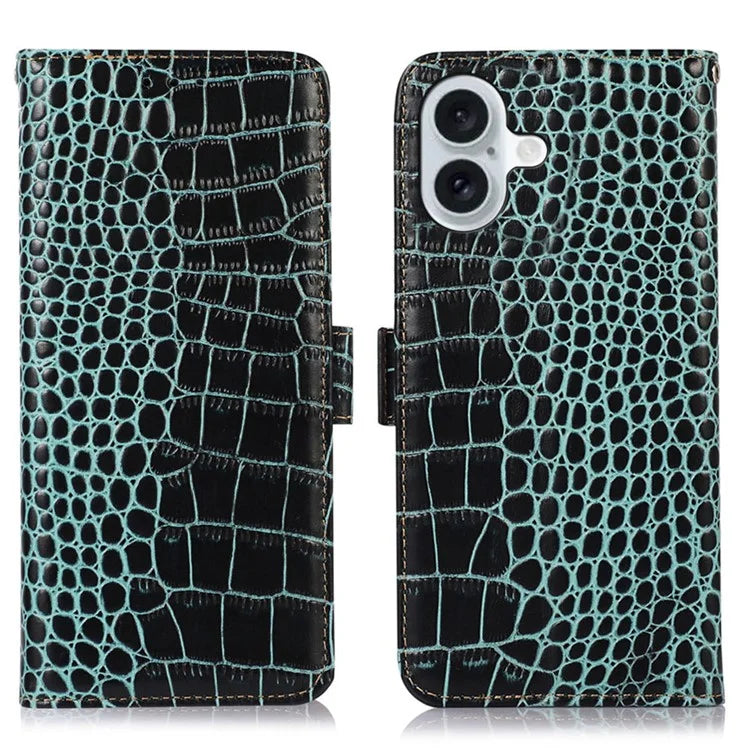 For iPhone 16 Plus Wallet Case RFID Blocking Genuine Cow Leather Phone Cover