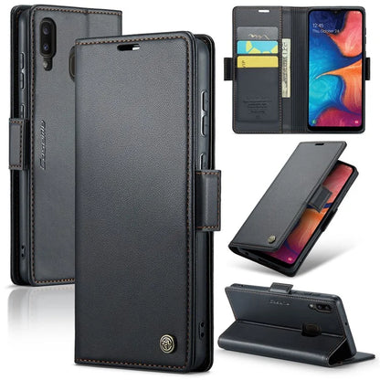 CASEME 023 Series For Samsung Galaxy A20 / A30 / M10s Glossy Case RFID Blocking Leather Phone Cover