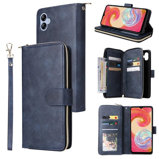 For Samsung Galaxy A04e 4G / F04 4G / M04 4G Case Zipper Leather Phone Cover 9 Card Slots