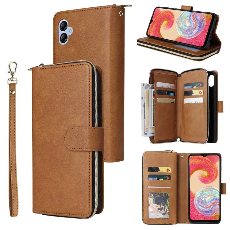 For Samsung Galaxy A04e 4G / F04 4G / M04 4G Case Zipper Leather Phone Cover 9 Card Slots