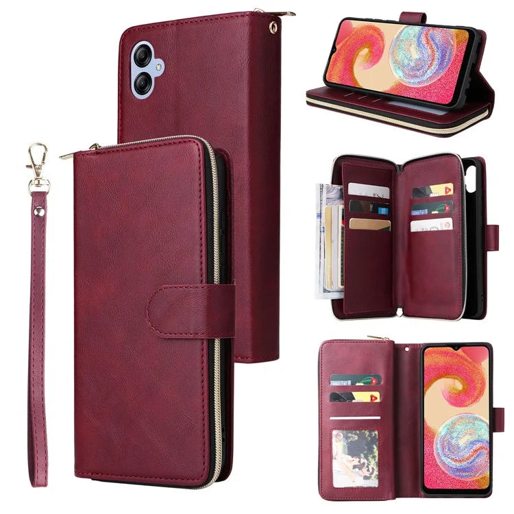 For Samsung Galaxy A04e 4G / F04 4G / M04 4G Case Zipper Leather Phone Cover 9 Card Slots