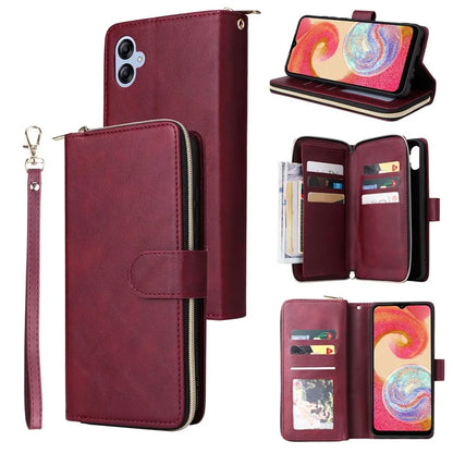 For Samsung Galaxy A04e 4G / F04 4G / M04 4G Case Zipper Leather Phone Cover 9 Card Slots
