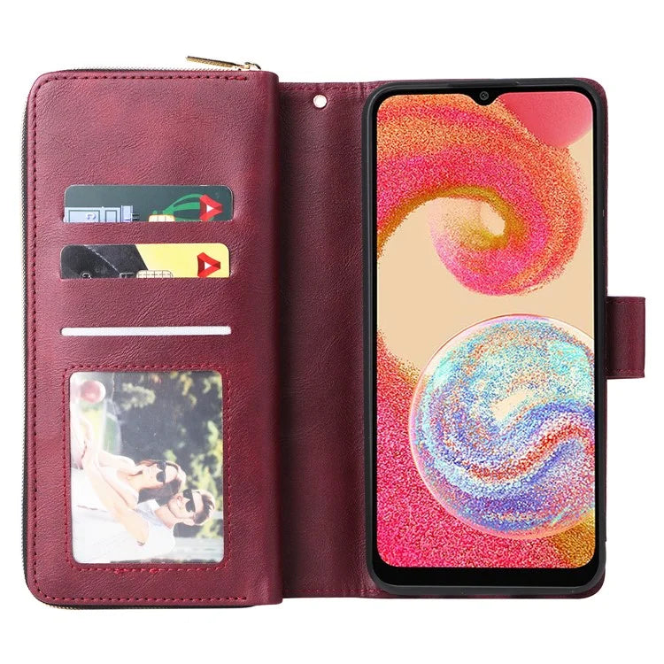 For Samsung Galaxy A04e 4G / F04 4G / M04 4G Case Zipper Leather Phone Cover 9 Card Slots