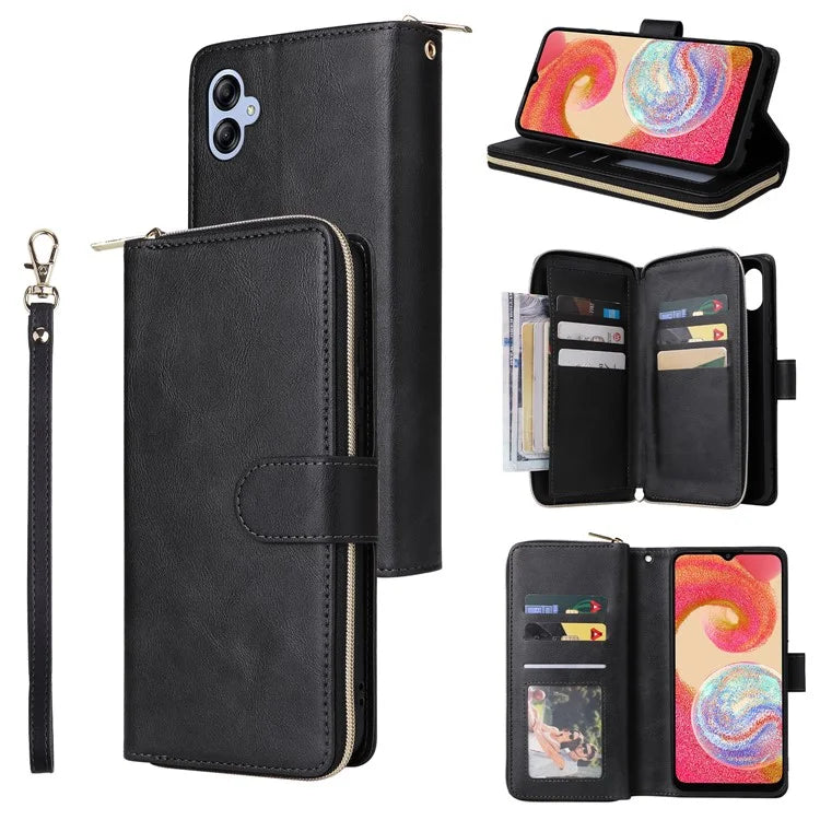 For Samsung Galaxy A04e 4G / F04 4G / M04 4G Case Zipper Leather Phone Cover 9 Card Slots