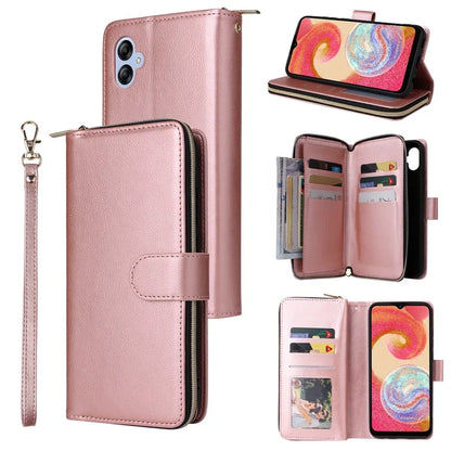 For Samsung Galaxy A04e 4G / F04 4G / M04 4G Case Zipper Leather Phone Cover 9 Card Slots