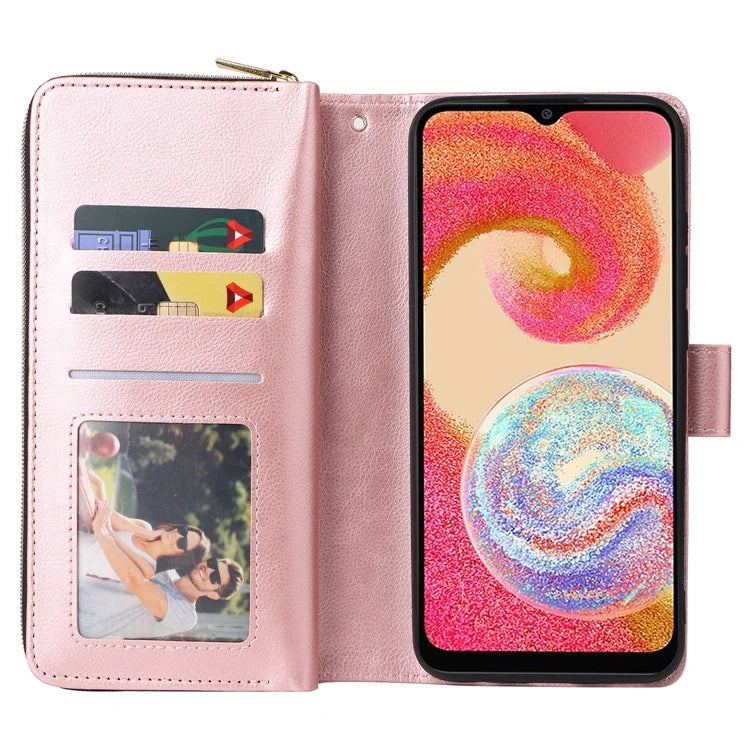 For Samsung Galaxy A04e 4G / F04 4G / M04 4G Case Zipper Leather Phone Cover 9 Card Slots