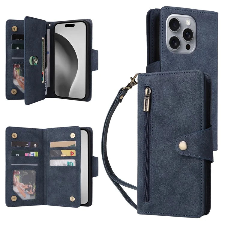 For iPhone 16 Pro Max Case Rivet Decor PU Leather Zipper Wallet Cover