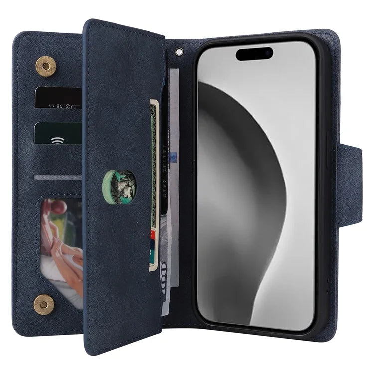 For iPhone 16 Pro Max Case Rivet Decor PU Leather Zipper Wallet Cover