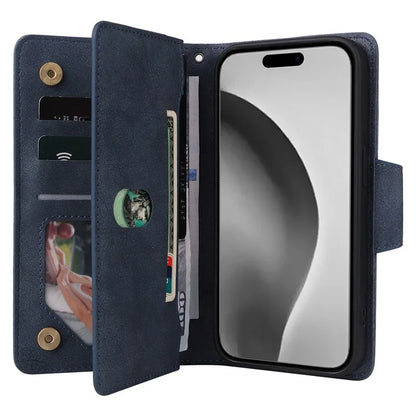 For iPhone 16 Pro Max Case Rivet Decor PU Leather Zipper Wallet Cover