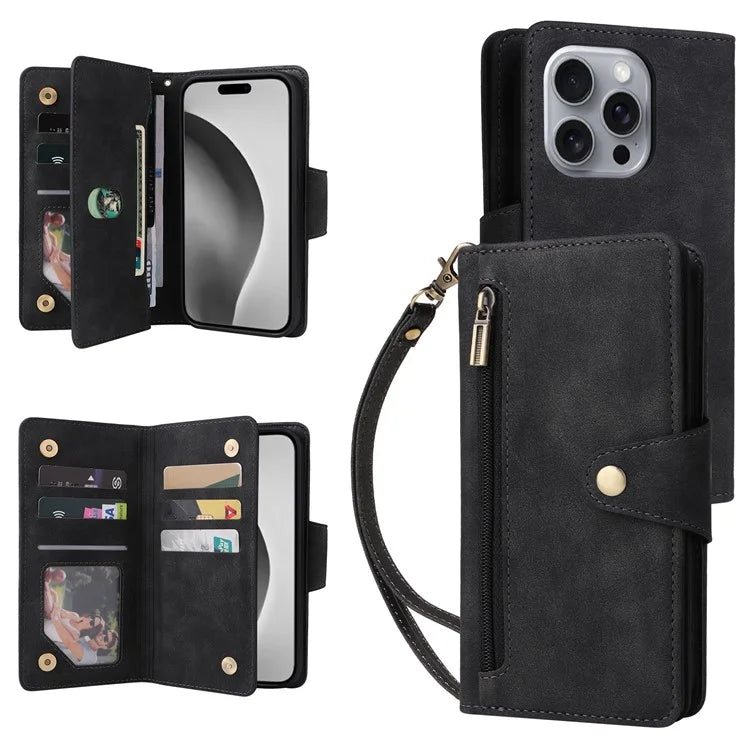 For iPhone 16 Pro Max Case Rivet Decor PU Leather Zipper Wallet Cover