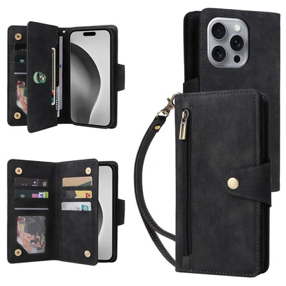 For iPhone 16 Pro Max Case Rivet Decor PU Leather Zipper Wallet Cover