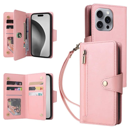 For iPhone 16 Pro Max Case Rivet Decor PU Leather Zipper Wallet Cover