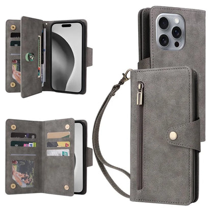 For iPhone 16 Pro Max Case Rivet Decor PU Leather Zipper Wallet Cover