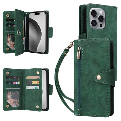 For iPhone 16 Pro Max Case Rivet Decor PU Leather Zipper Wallet Cover