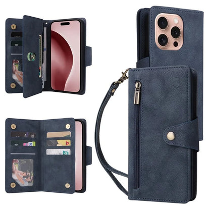 For iPhone 16 Pro Case Rivet Decor Stand Wallet Leather Zipper Phone Cover