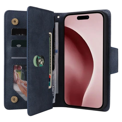 For iPhone 16 Pro Case Rivet Decor Stand Wallet Leather Zipper Phone Cover