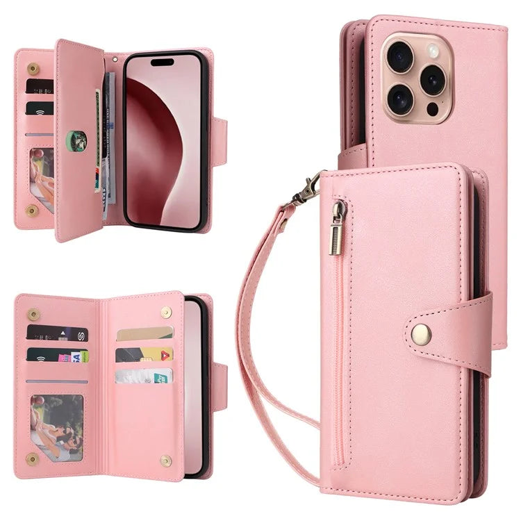 For iPhone 16 Pro Case Rivet Decor Stand Wallet Leather Zipper Phone Cover
