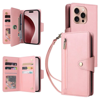 For iPhone 16 Pro Case Rivet Decor Stand Wallet Leather Zipper Phone Cover