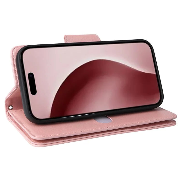 For iPhone 16 Pro Case Rivet Decor Stand Wallet Leather Zipper Phone Cover