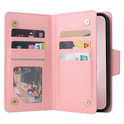 For iPhone 16 Pro Case Rivet Decor Stand Wallet Leather Zipper Phone Cover