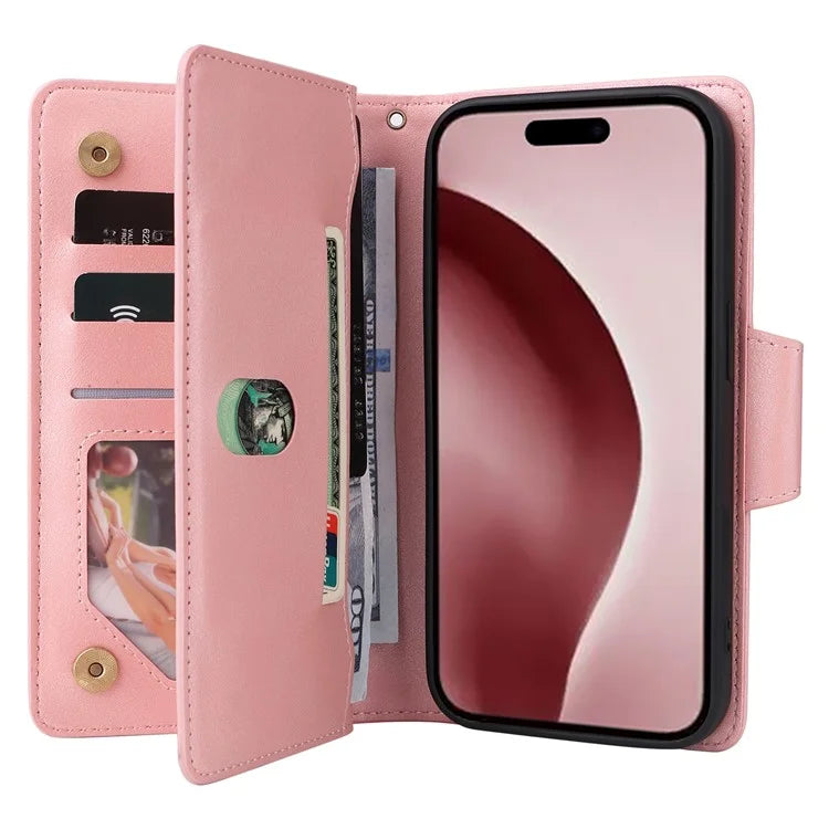 For iPhone 16 Pro Case Rivet Decor Stand Wallet Leather Zipper Phone Cover