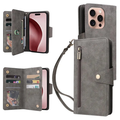 For iPhone 16 Pro Case Rivet Decor Stand Wallet Leather Zipper Phone Cover