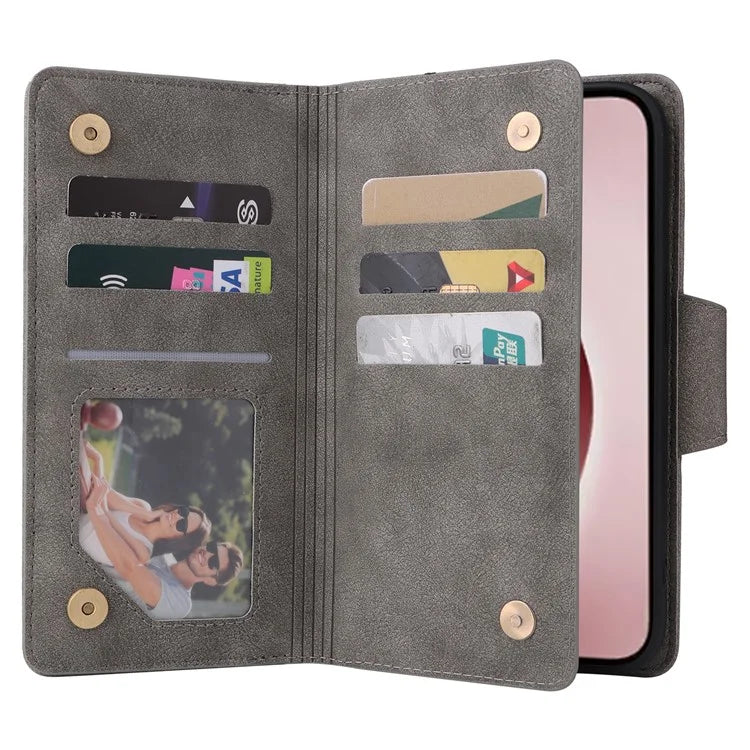 For iPhone 16 Pro Case Rivet Decor Stand Wallet Leather Zipper Phone Cover