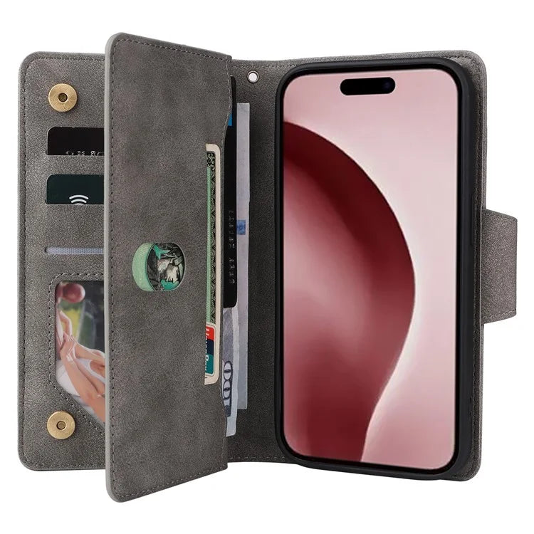 For iPhone 16 Pro Case Rivet Decor Stand Wallet Leather Zipper Phone Cover